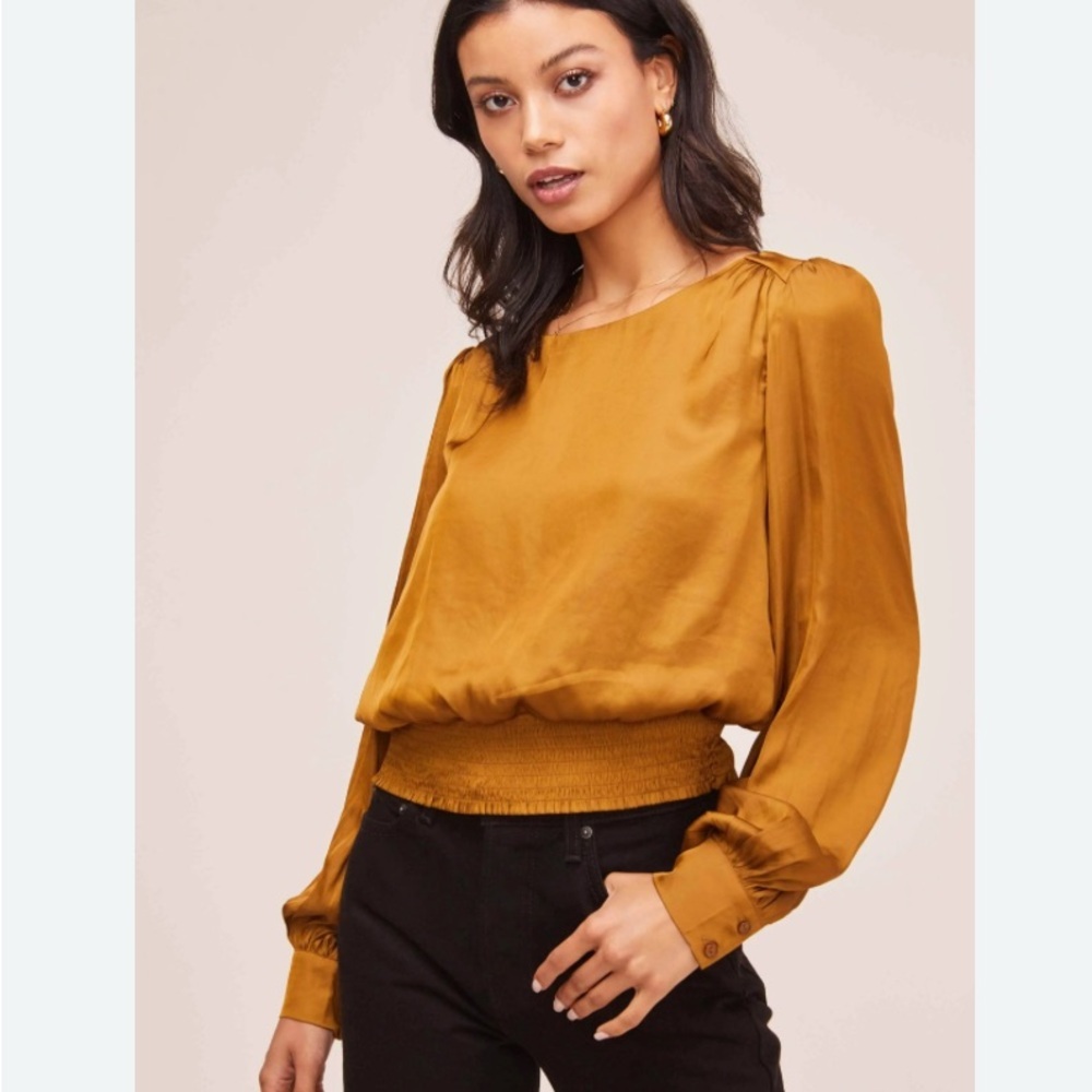 ASTR the Label Mustard Yellow Ruched Puff Sleeve Blouse, Women’s Small